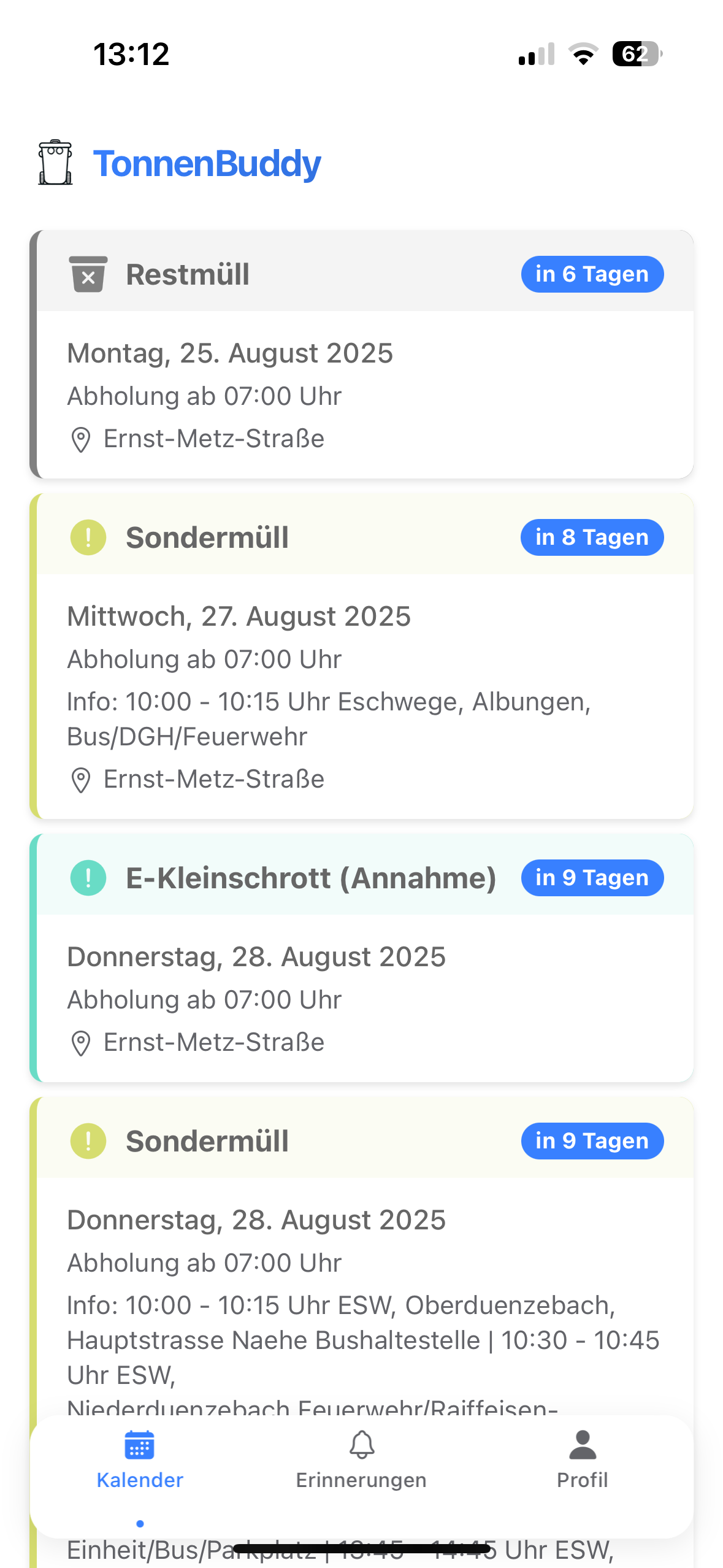 TonnenBuddy App Screenshot 1 - Hauptansicht